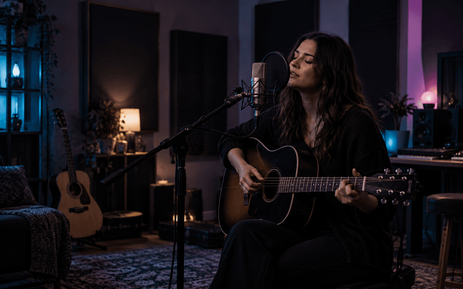 Singer recording a vocal with a microphone and guitar in a home studio