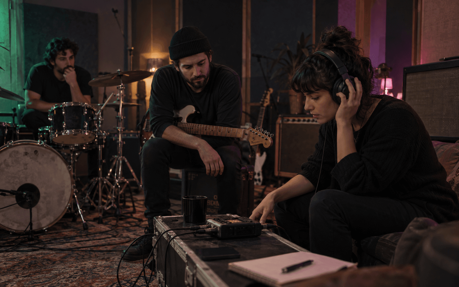 Guitarist, drummer and producer reviewing a band's instrument recordings