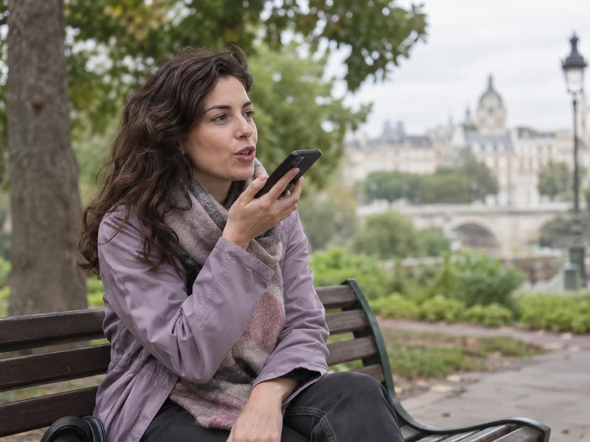 Woman recording a voice note on her phone while sitting on an outdoor bench