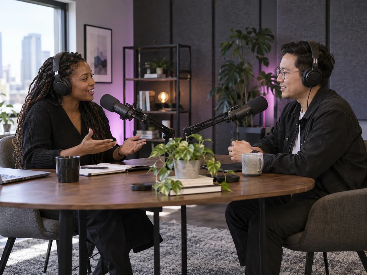 Two podcast hosts recording an interview with individual microphones and headphones