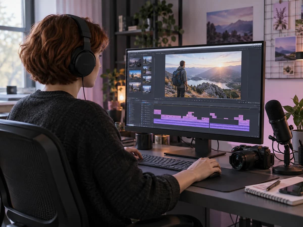 Video creator reviewing a video timeline at an editing desk with a narration microphone