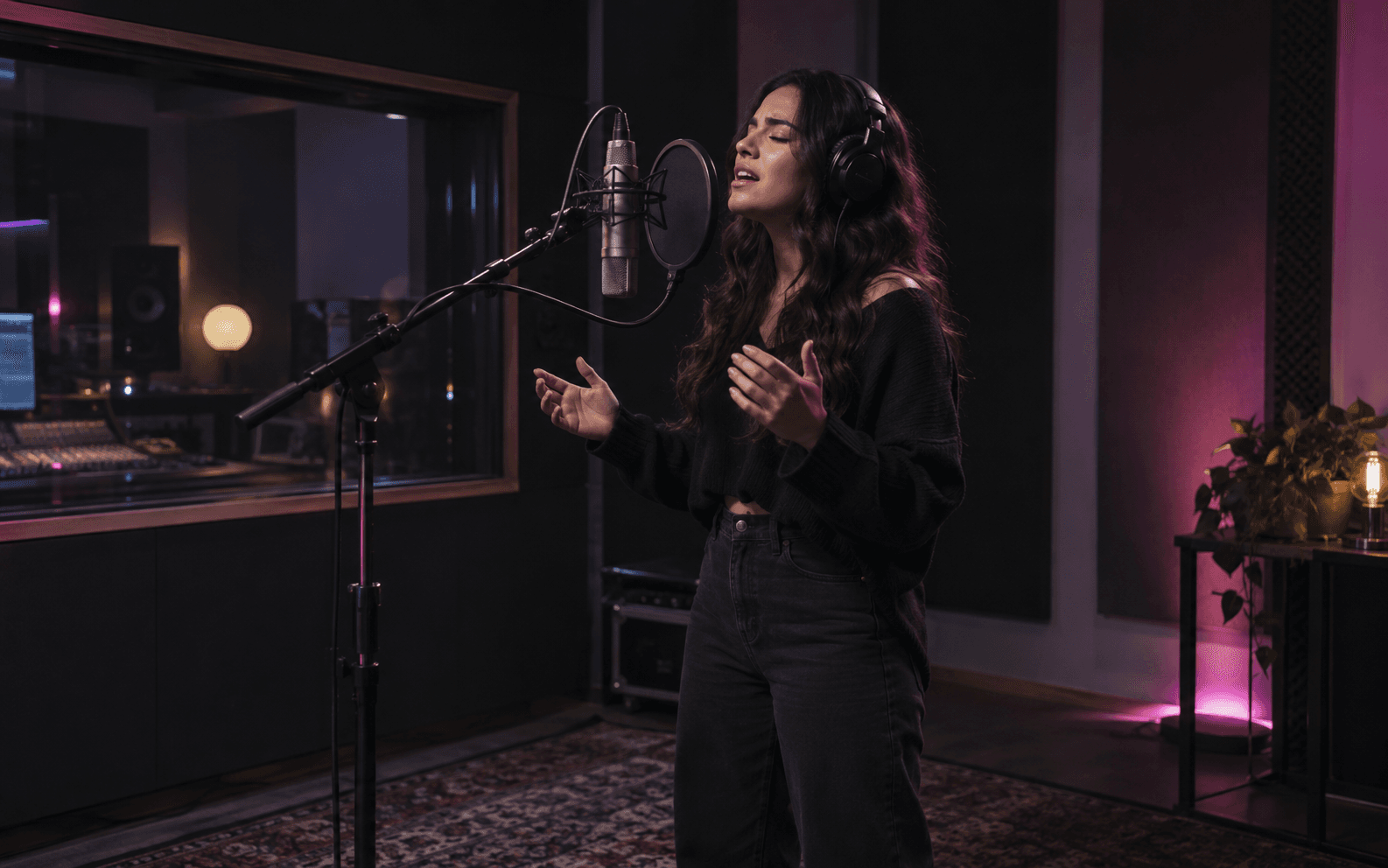 A singer recording an isolated vocal take with a studio microphone