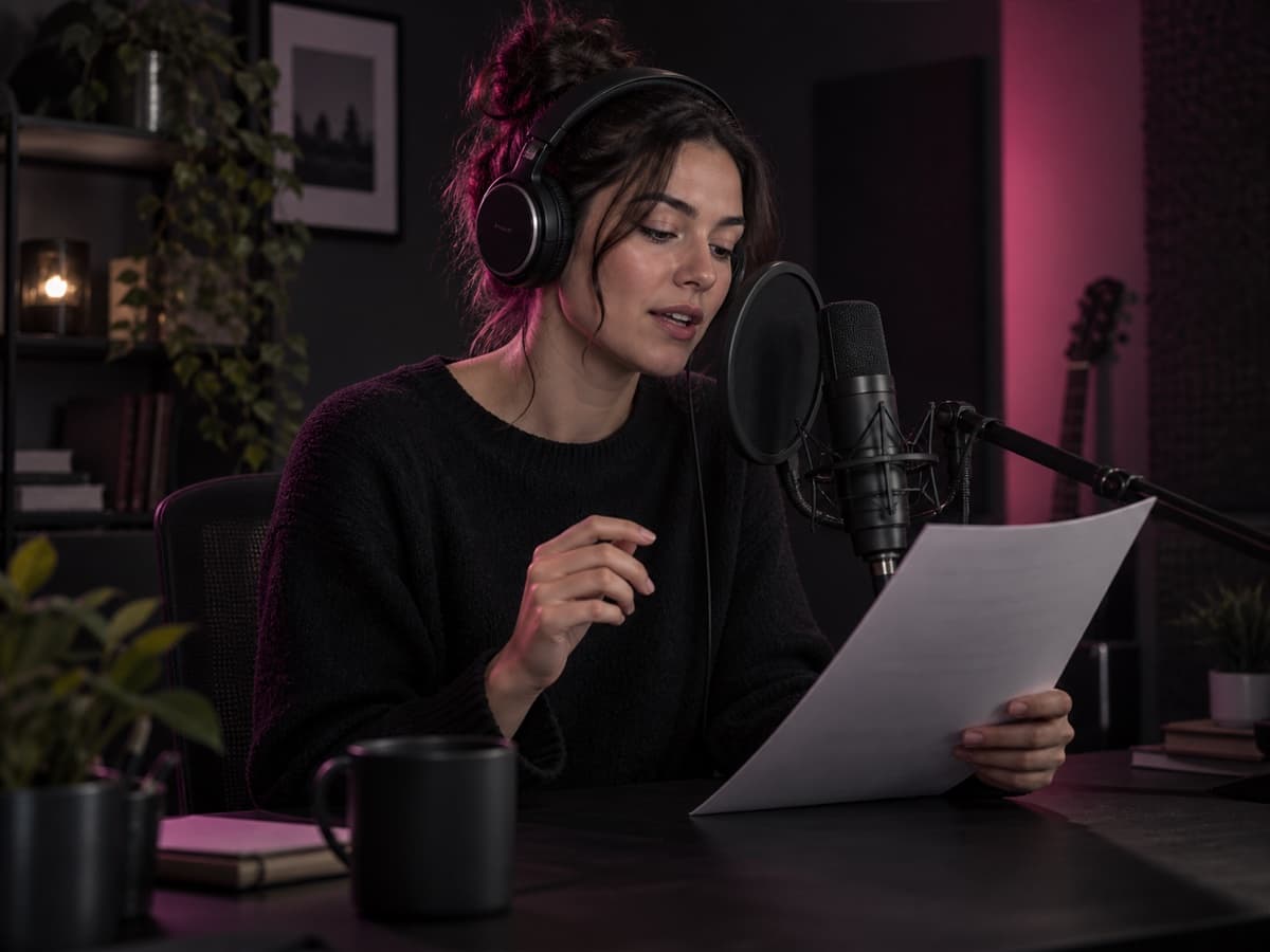 Voice-over creator recording narration to pair with a still image