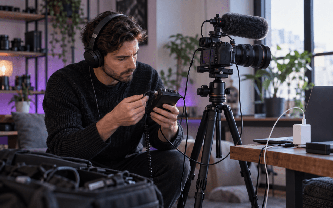 A video creator checking an external recorder, powered camera and microphone connections for audio buzz
