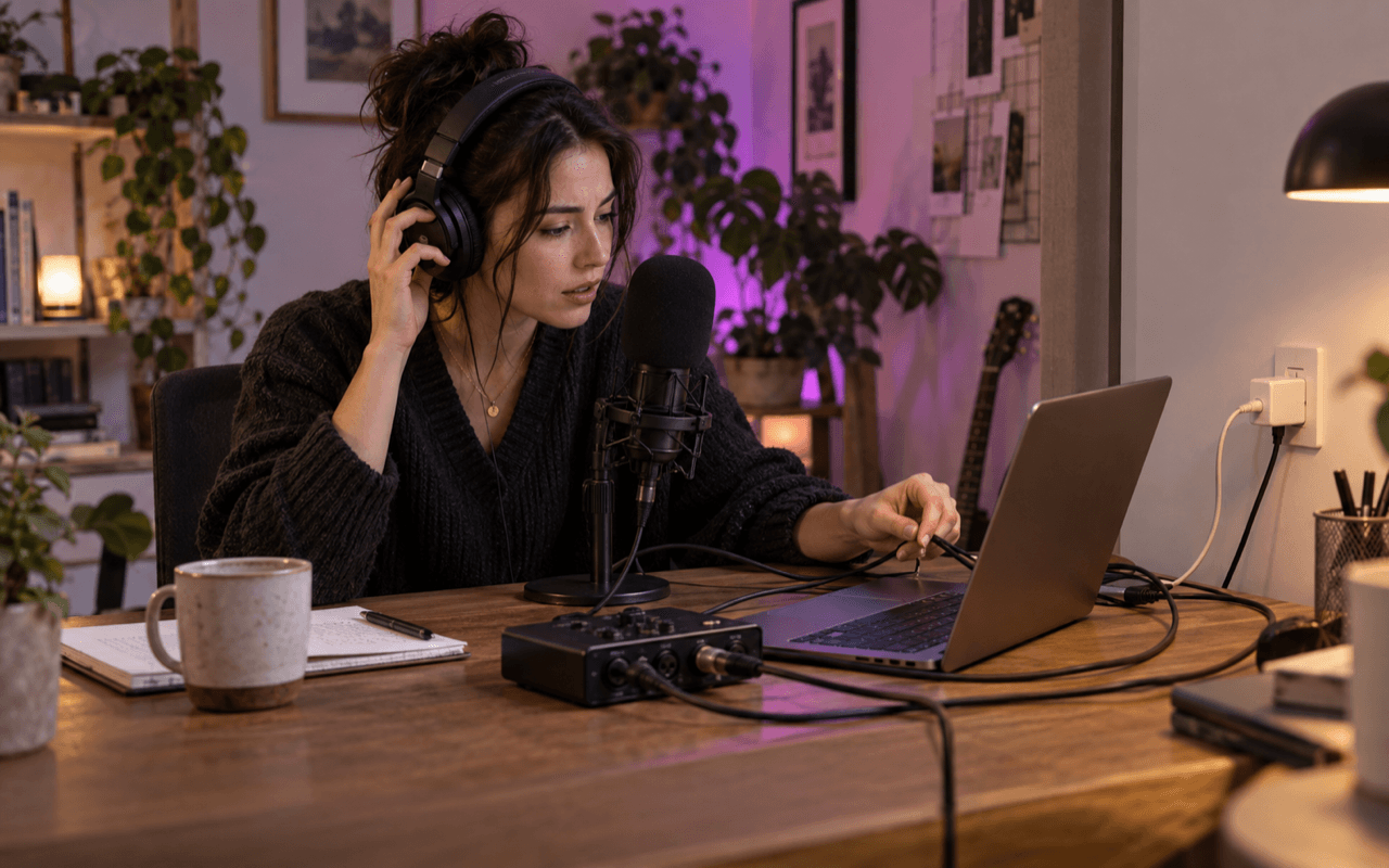 A voiceover creator checking microphone cables, an audio interface and a laptop charger for electrical buzz