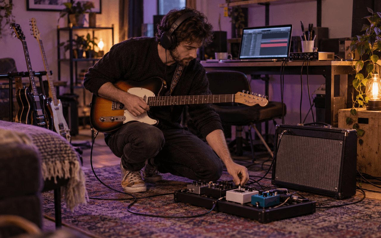 A guitarist checking an amplifier, pedalboard and cable signal chain while monitoring a recording