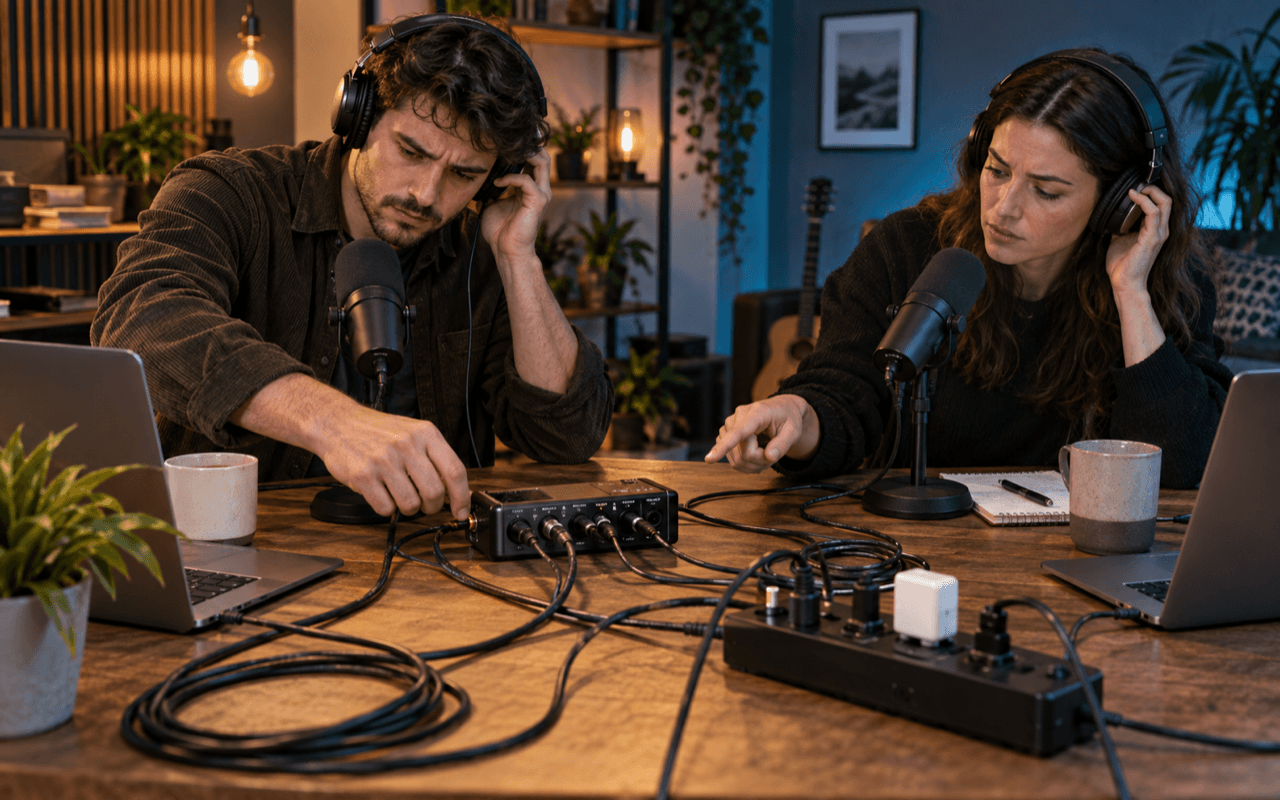 Two podcasters tracing microphone, interface and power connections while listening for a steady hum