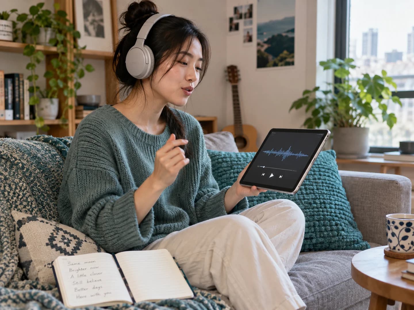 Singer listening closely to an acapella on a tablet and following the rhythm of a vocal phrase