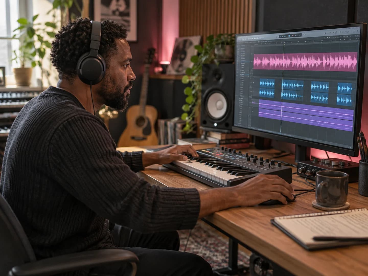 Musician reviewing vocal and instrument tracks for an alternative mix