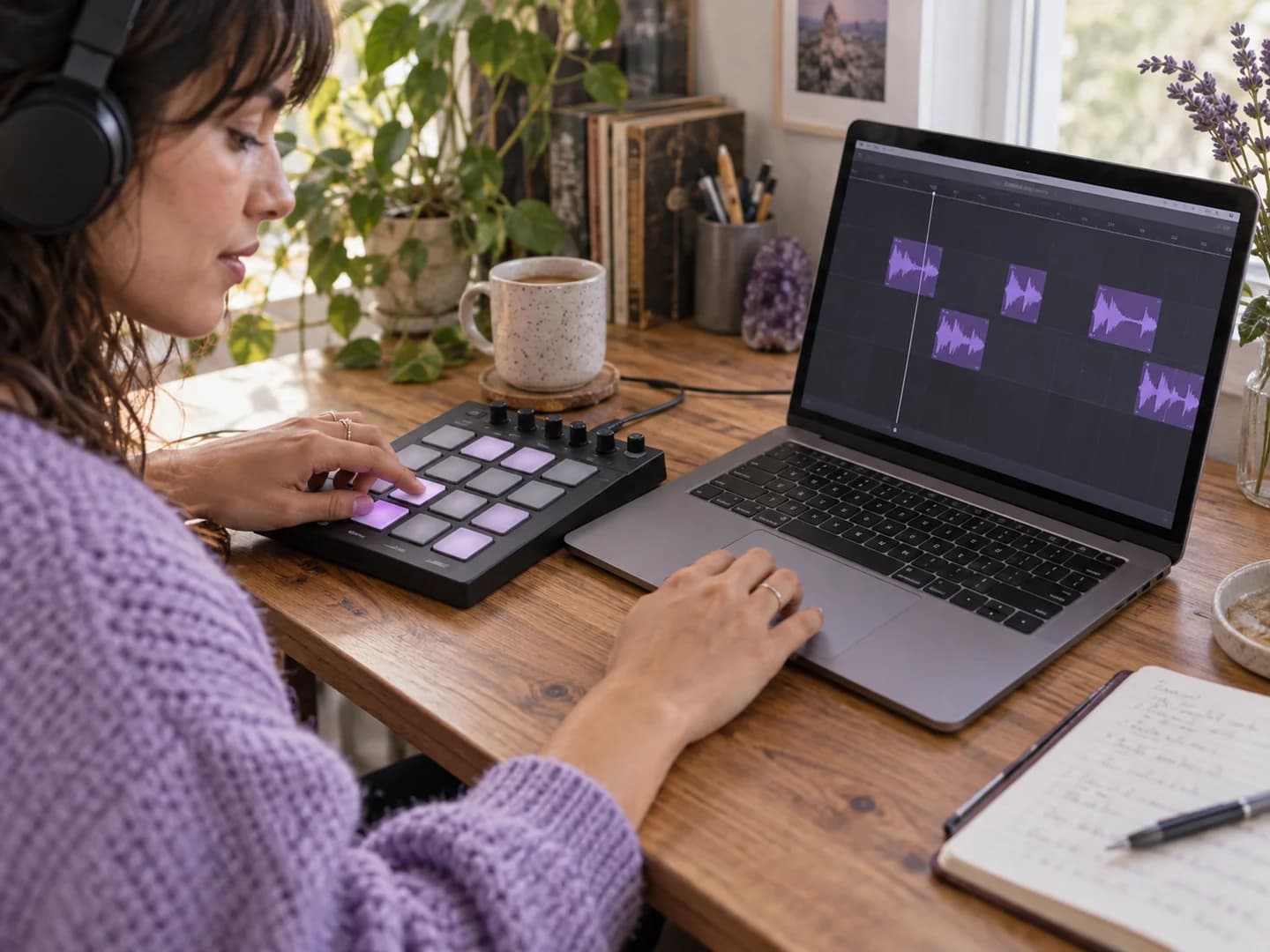Musician triggering short vocal samples on a pad controller beside a laptop with chopped audio clips