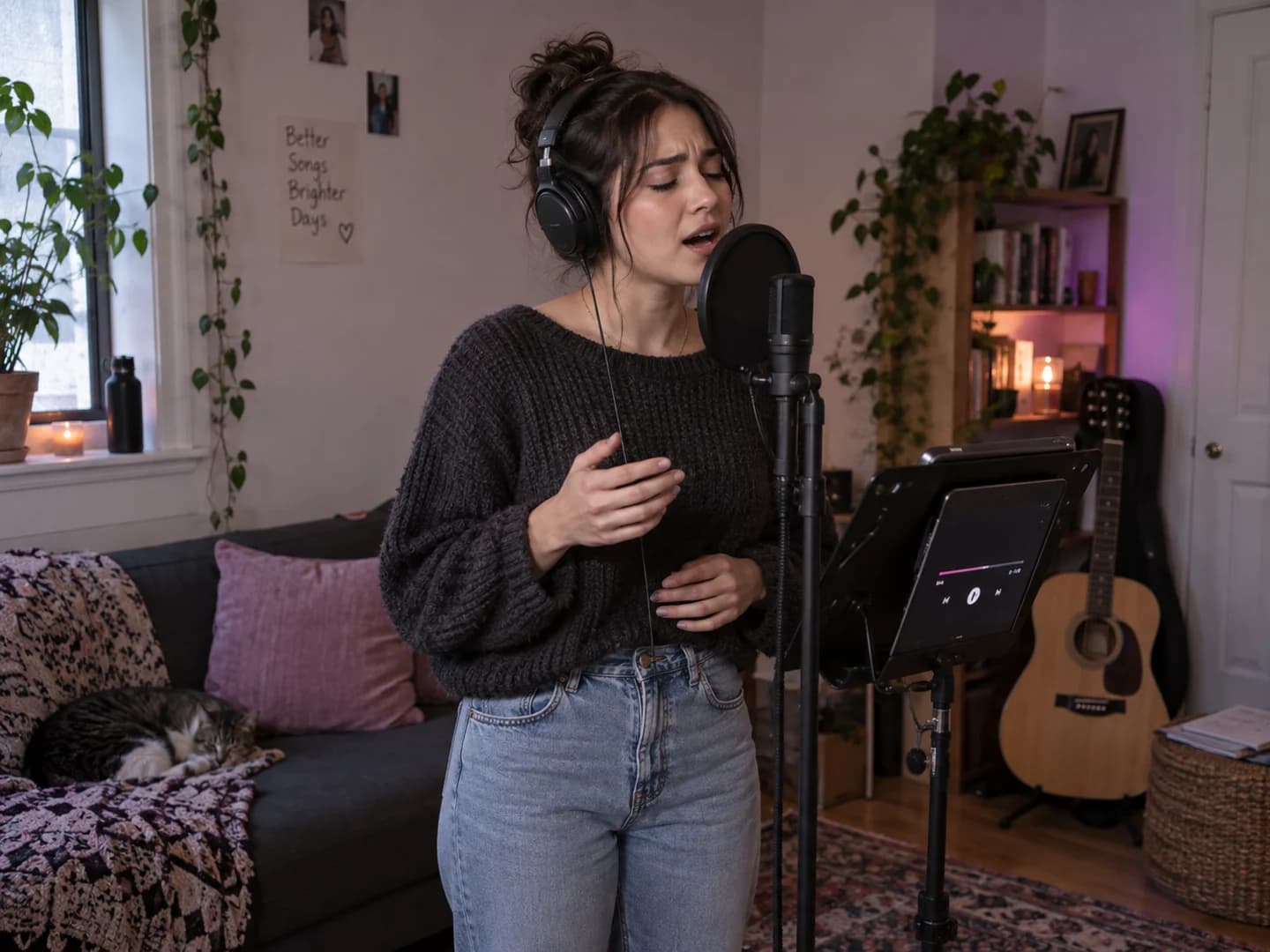 Singer rehearsing a cover with headphones, a microphone and a backing-track player