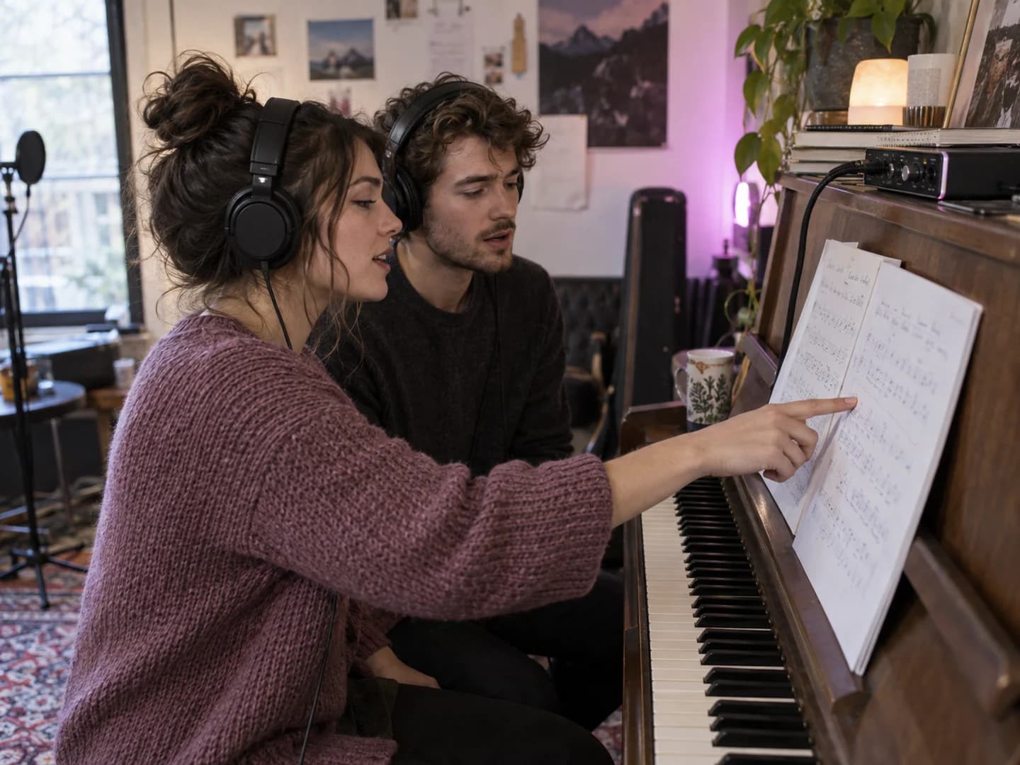 Two vocalists wearing headphones and following sheet music while practicing supporting harmonies