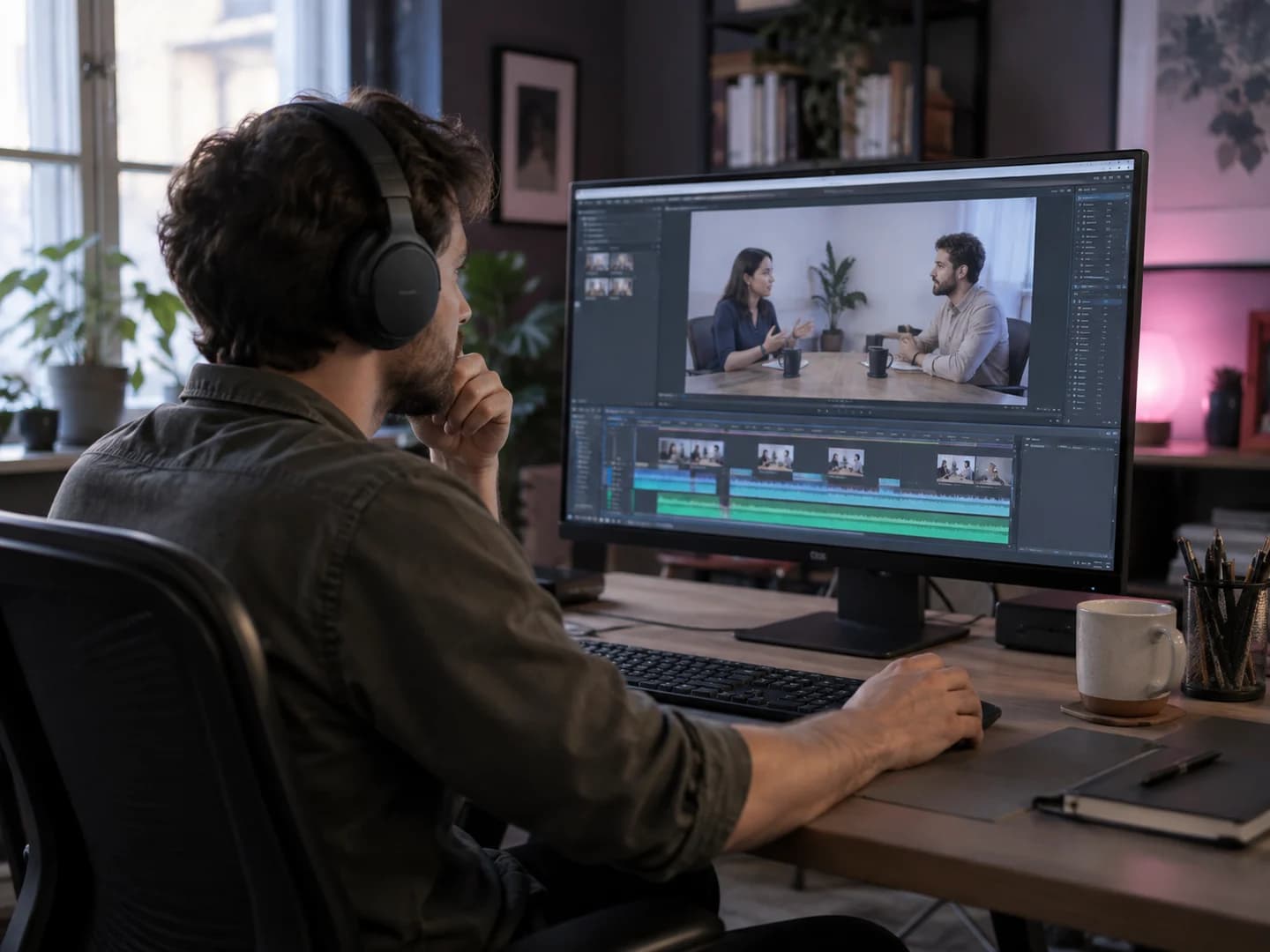 Editor wearing headphones reviewing a two-person interview to reuse a spoken excerpt