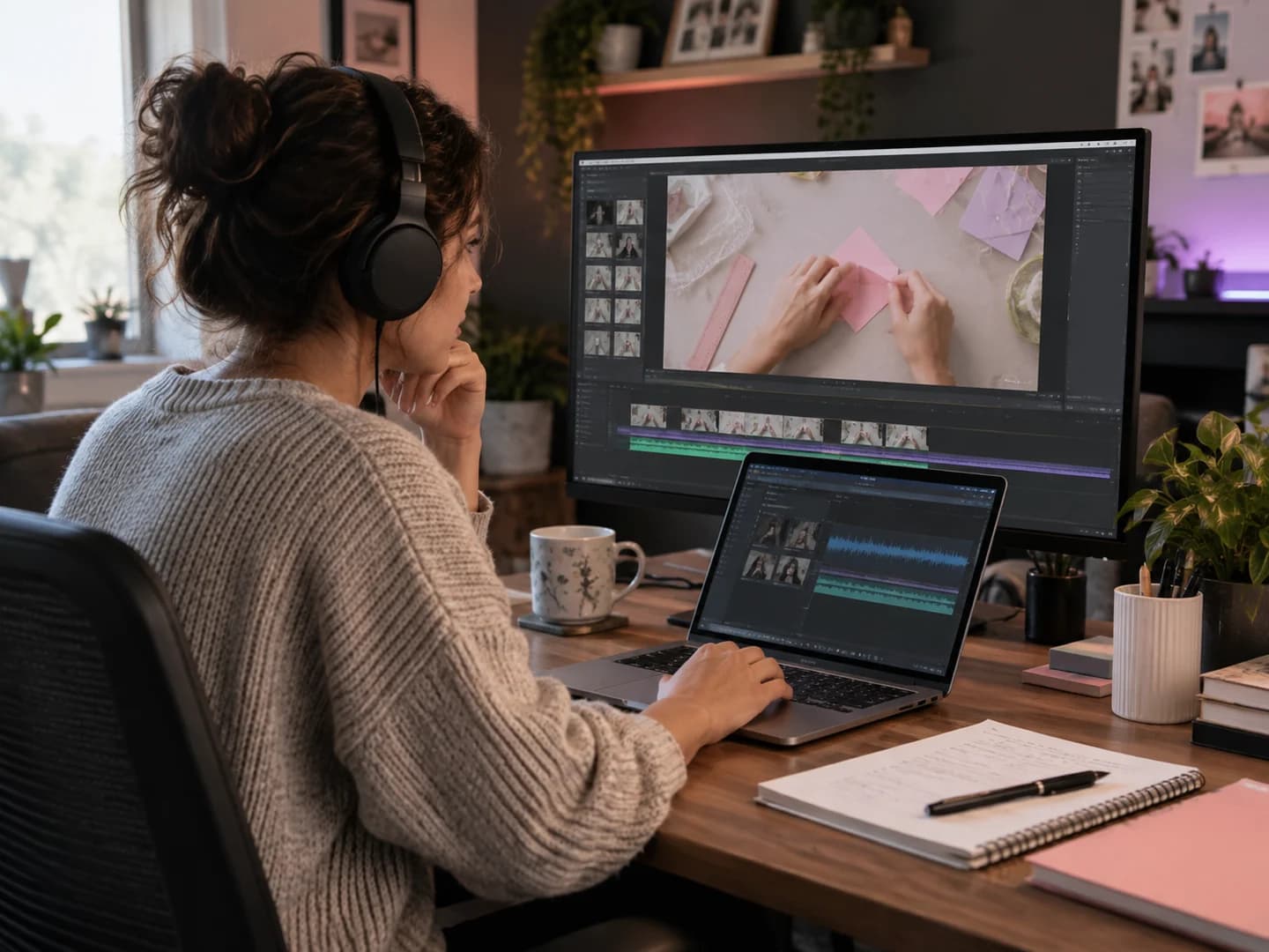 Creator reviewing a narrated craft tutorial with lesson notes while updating its audio