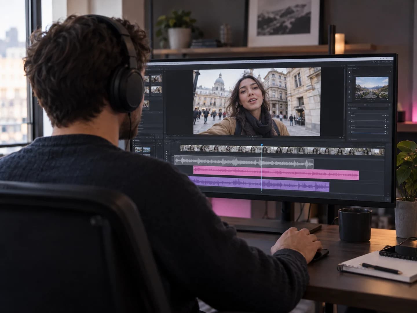 Video editor reviewing a travel vlog with separate speech and replacement music tracks