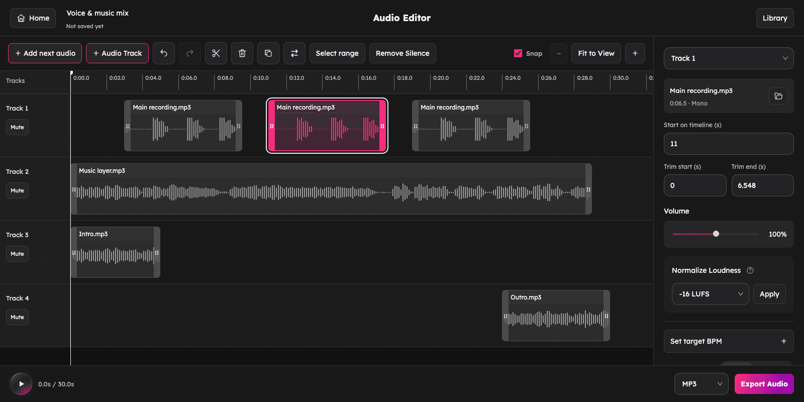 AudioMuse online audio mixer with voice, music, intro and outro clips arranged across separate tracks