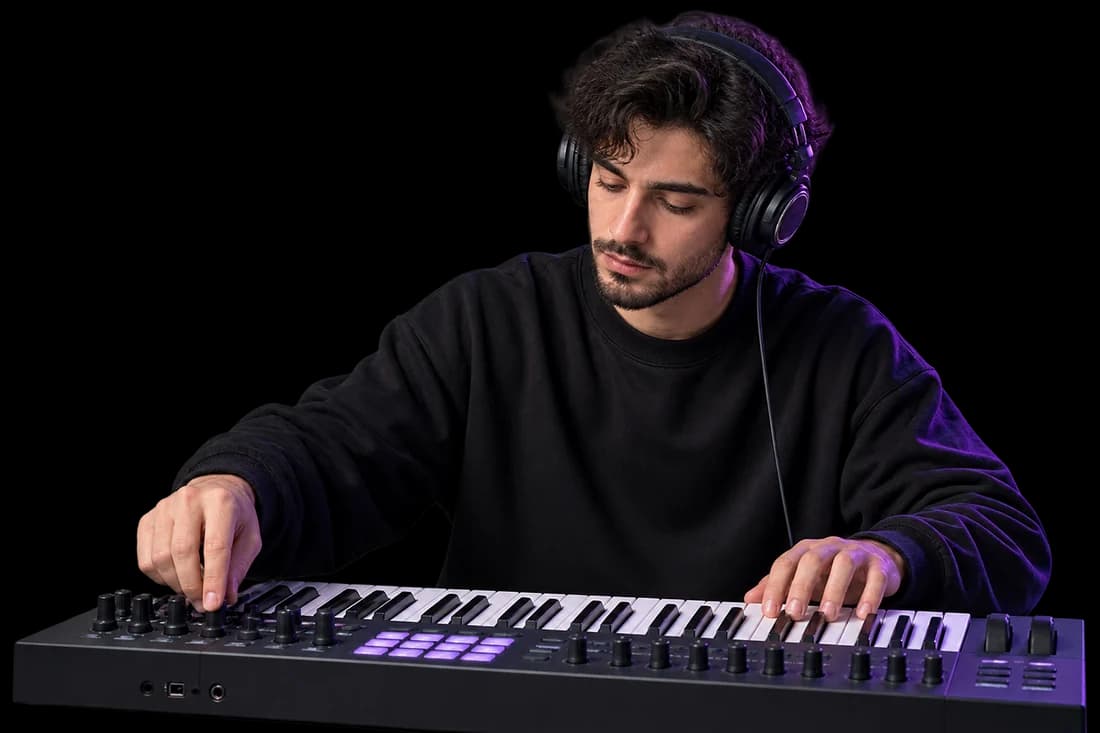 A music producer wearing headphones and working at a MIDI keyboard.