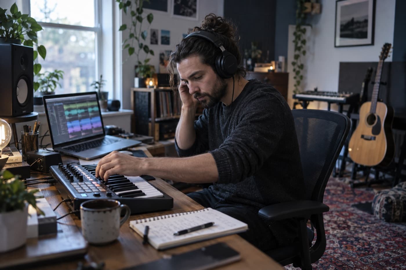 Musician balancing a vocal recording with an instrumental backing track