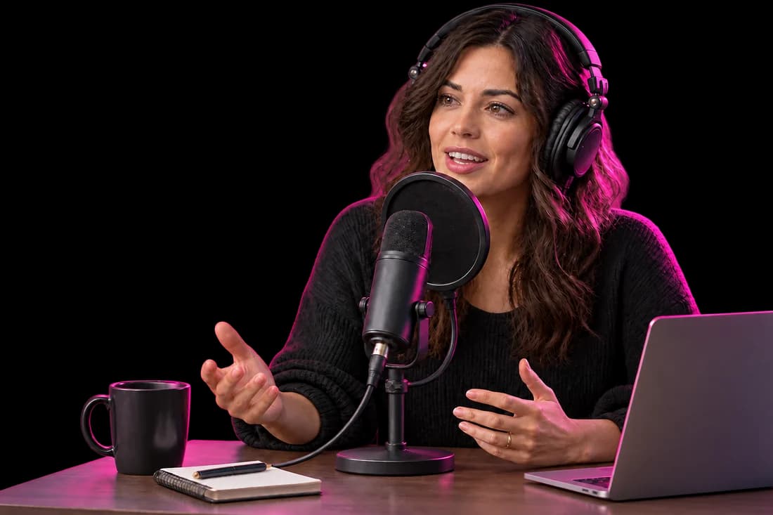 A podcast host wearing headphones and speaking into a desk microphone.
