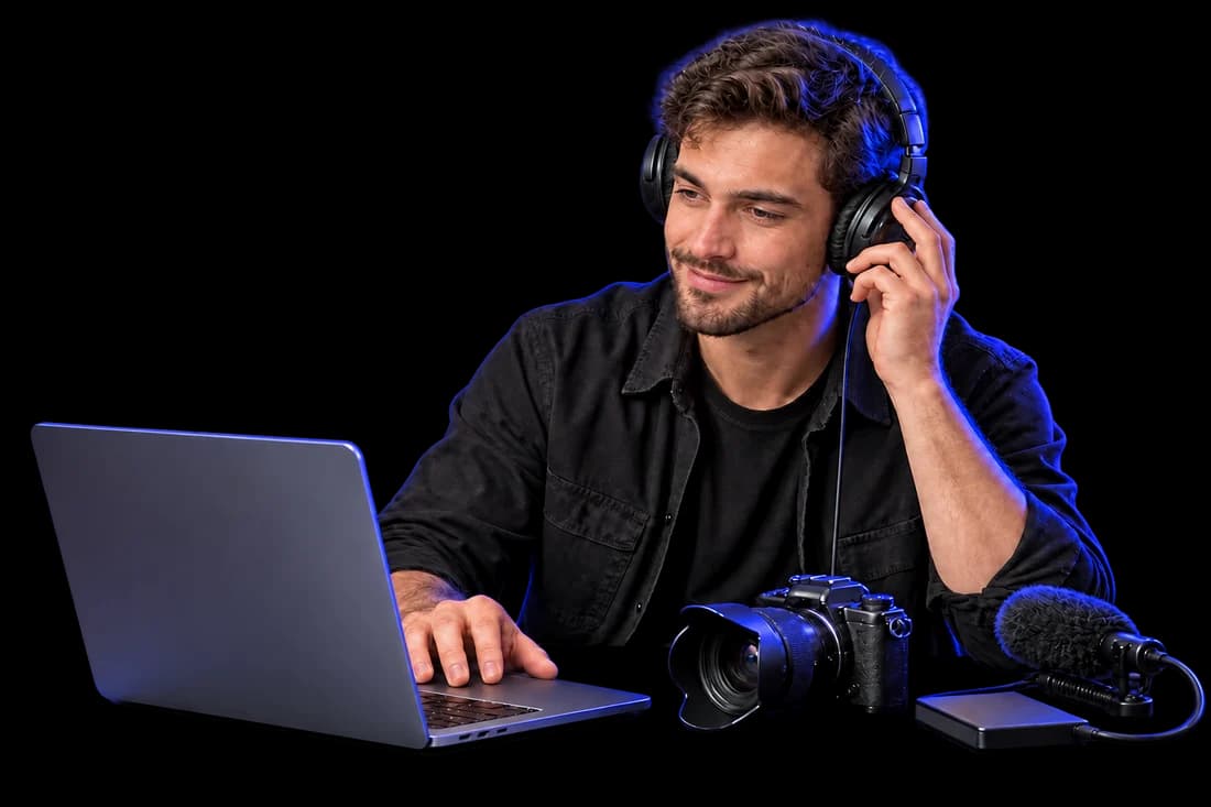 A video creator working with a laptop, camera and microphone.