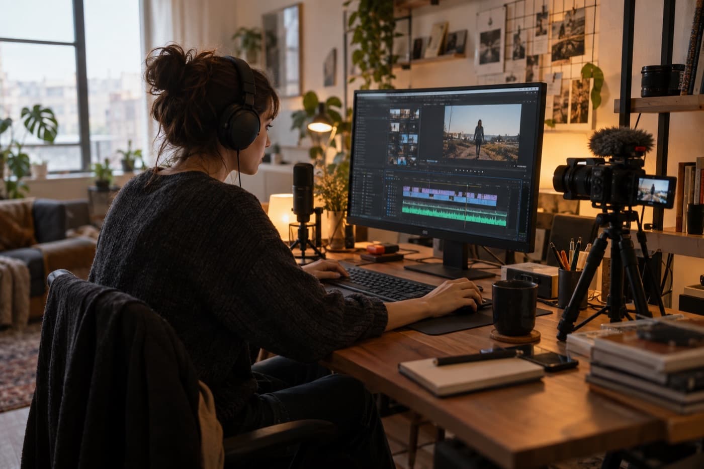 Content creator preparing a voiceover and background music mix for a video
