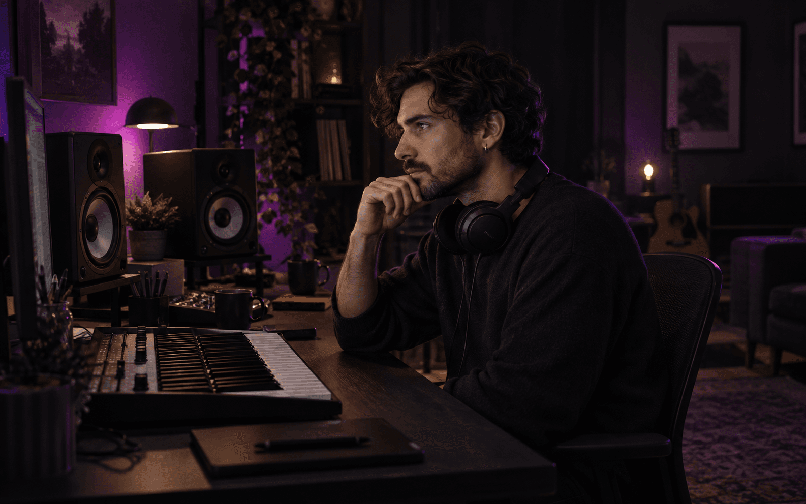 A home studio musician listening to a recorded demo