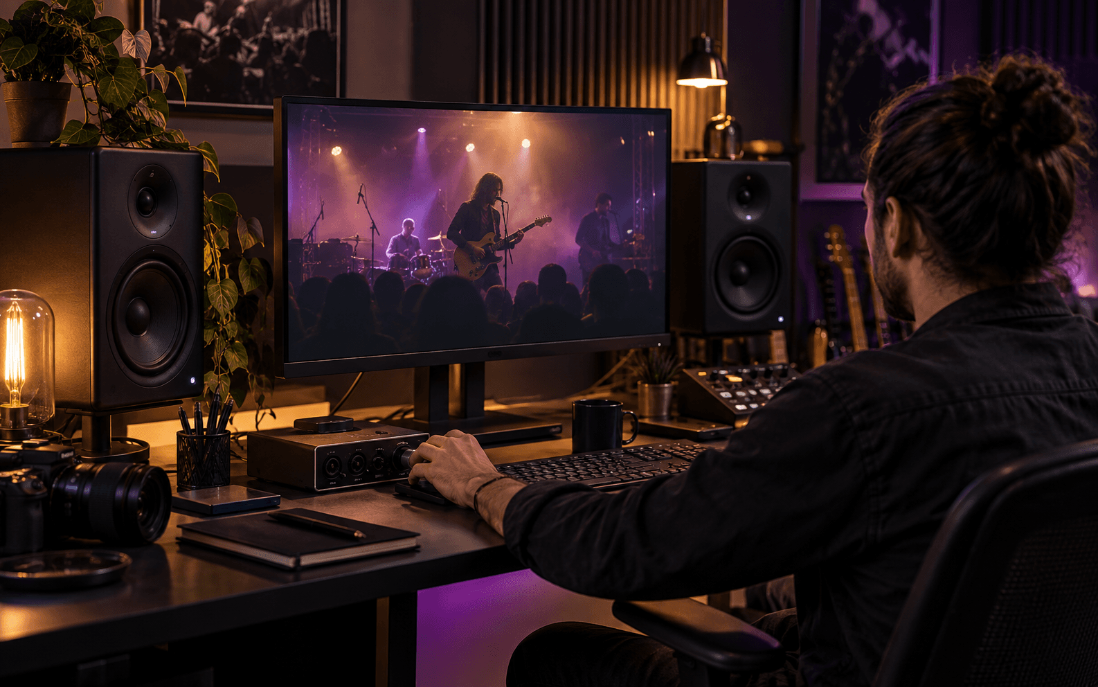 A video creator reviewing a music soundtrack alongside the video