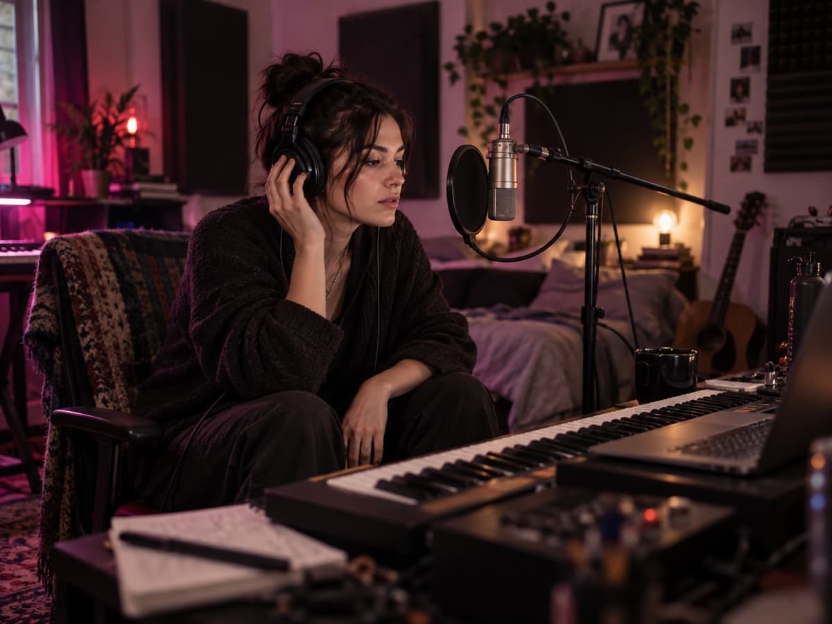 An independent musician reviewing a finished vocal and music recording