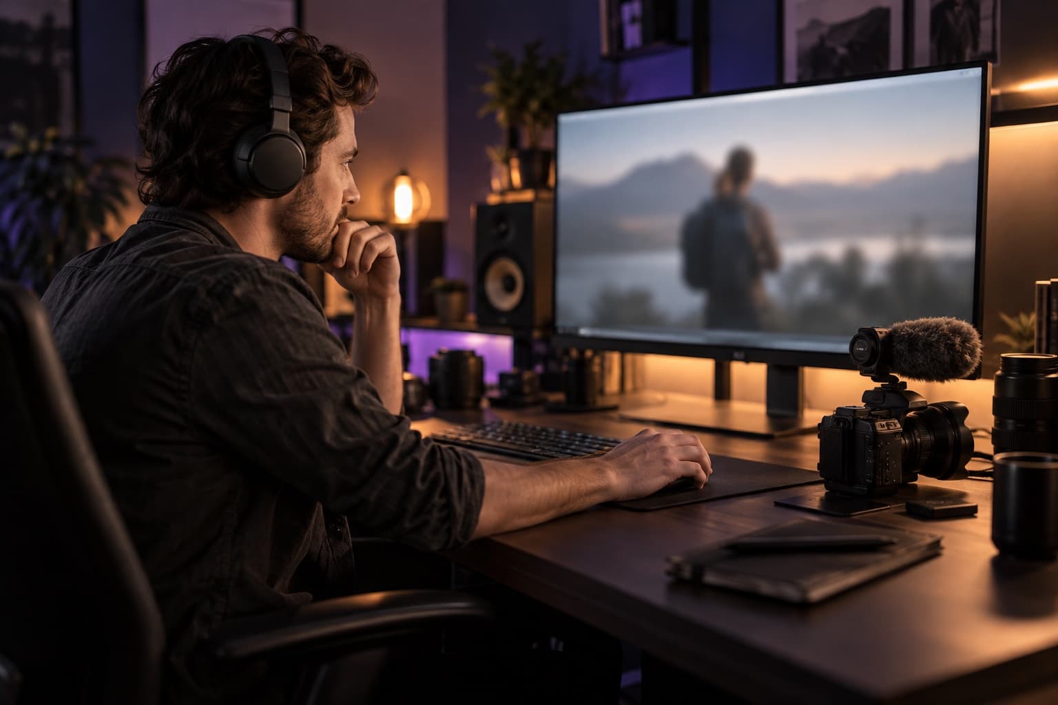 A video creator reviews camera audio beside a camera and on-camera microphone