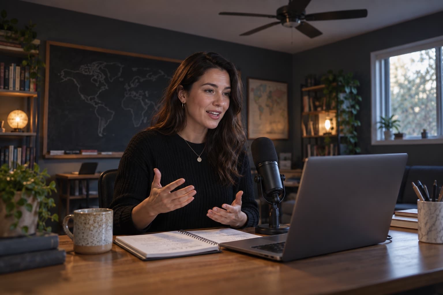 An educator records a lesson in a room with a laptop and ceiling fan