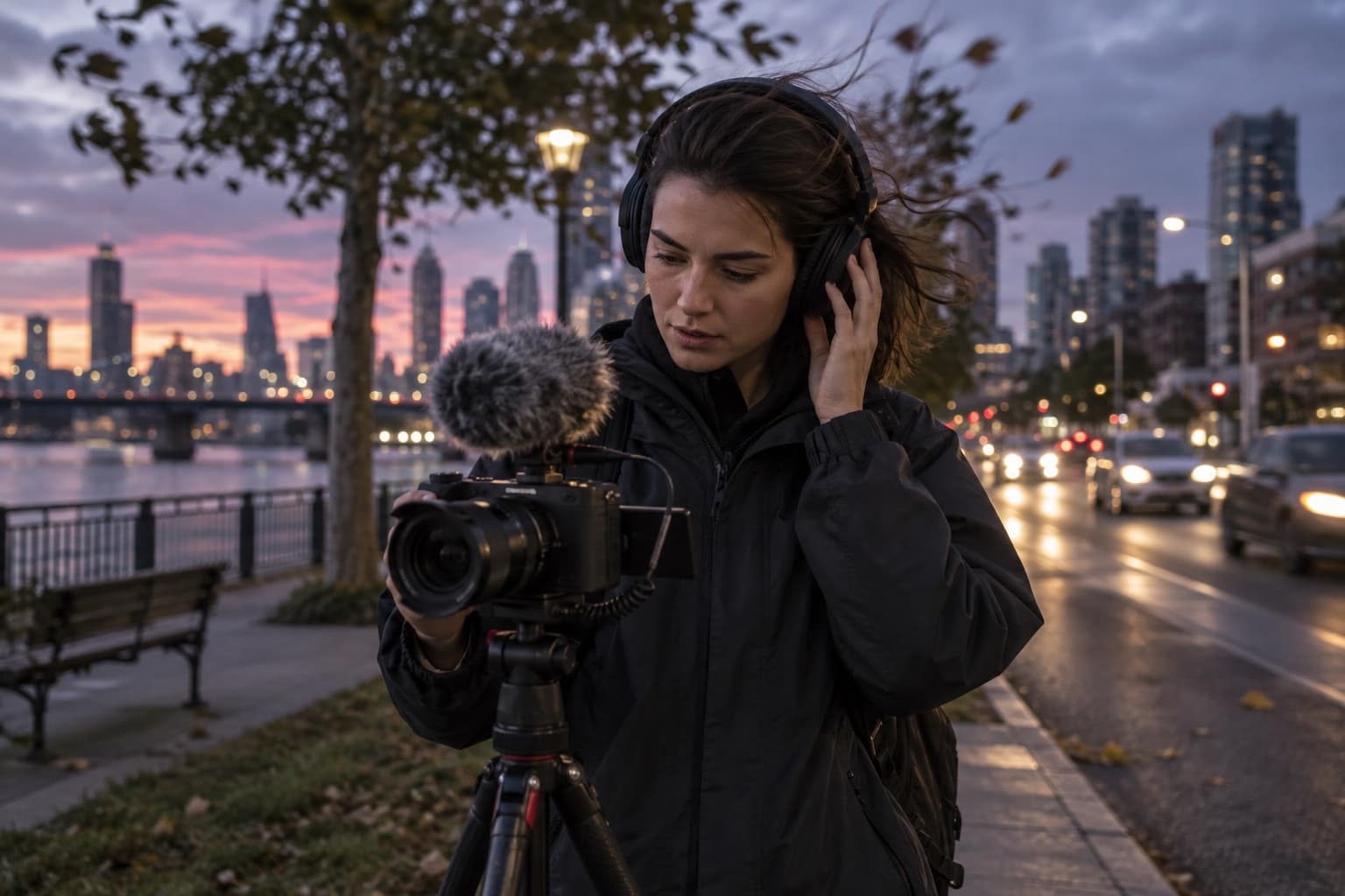 A creator monitors a mobile outdoor recording beside wind and city traffic