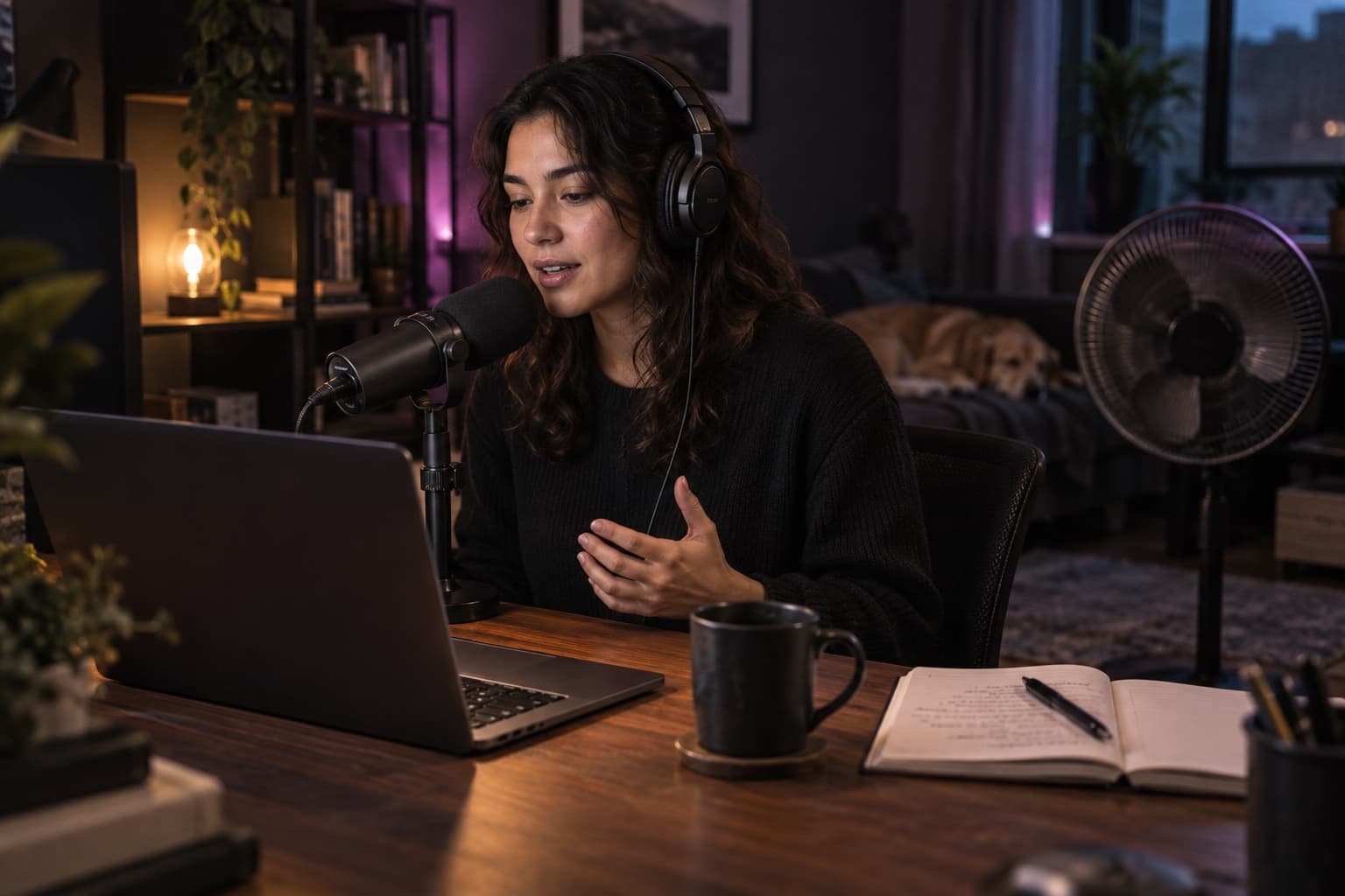 A podcaster records beside a computer and a room fan that can create background noise